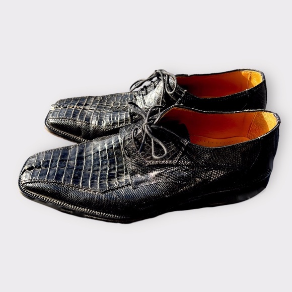 David Eden Lizard & Crocodile Wallace Black Oxford Square Toe Dress Shoe Sz 12